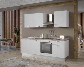 Cucina montata Dora bianco spatolato, lavello a sinistra, L 240 cm, completa di: cappa a camino, piano cottura a induzione, forno