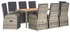 Set da pranzo da giardino 9 pz con cuscini in polyrattan grigio