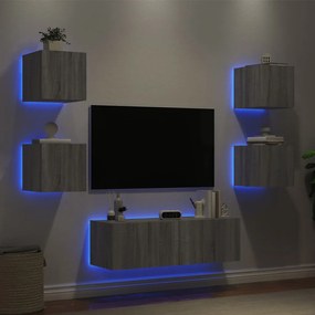 Mobili Tv A Muro 5pz Con Luci Led Grigio Sonoma /