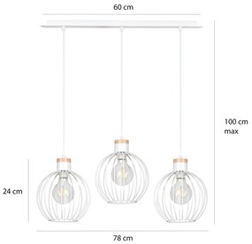 Lampadario 3 Luci Barbado Paralumi A Gabbia In Acciaio Bianco E Legno Naturale