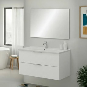 Mobile bagno sospeso 100cm bianco opaco con cassetti lavabo e specchio Elva