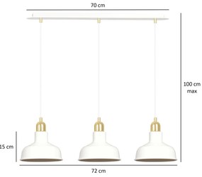 Lampadario Industrial 3 Luci Kubera In Acciaio Bianco Con Elementi In Oro