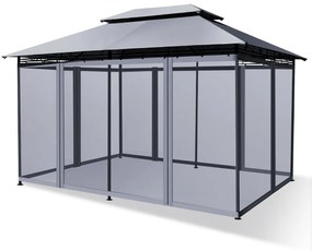 Costway Gazebo per cortile con rete rimovibile e doppi tetti, Tenda da esterno con struttura in acciaio per picnic Grigio