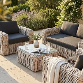 MINISTER - salotto da giardino completo di cuscini intreccio in rattan naturale