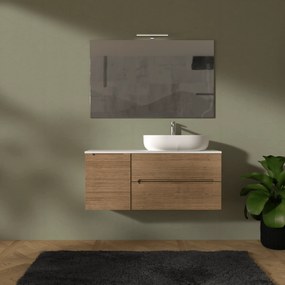 Mobile Bagno Sospeso Cannettato 120 Cm Due Cassetti Un'Anta e Top Specchio Con Lampada Led 70x120 Cm AdattoCasa "Rigo" Rovere Farnia/Bianco Neve