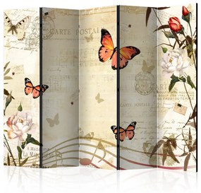 Paravento design Melodie delle farfalle II (5 parti) - farfalle su note e scritte