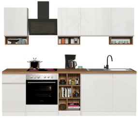 Cucina Lineare SOLE 256 cm - Bianco Lucido e Rovere, Design Moderno Made in Italy