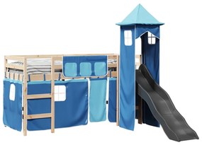 Letto a soppalco con torre bambini blu 90x190cm massello pino