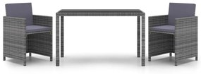 Set da pranzo da giardino 3 pz con cuscini polyrattan grigio