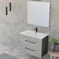 Composizione bagno sospesa Smack a 2 cassetti 80x62 con lavabo, specchio con lampada LED cement wood e cemento