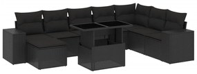 Set divani da giardino 9 pz con cuscini nero in polyrattan