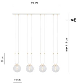 Sospensione 4 Luci Glam In Acciaio Bianco Oro E Sfera In Vetro Trasparente