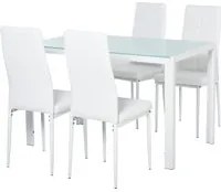 Set da Pranzo Tavolo con Piano in Vetro e 4 Sedie in Metallo e Similpelle Bianco