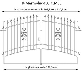 Cancello manuale con serratura elettrica Marmolada in ferro, apertura centrale, L 308.5, H 165-195 cm, di colore ruggine