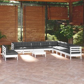 Set Divani da Giardino 12 pz con Cuscini Bianchi Legno di Pino