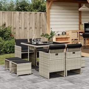 Set pranzo da giardino 9pz con cuscini grigio chiaro polyrattan