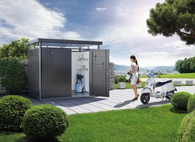 Casetta da giardino BIOHORT Highline H1 in acciaio antracite con porta doppio battente, superficie interna 3.32 m² e spessore parete 0.5 mm