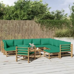 Set Salotto da Giardino 12pz con Cuscini Verdi Bambù