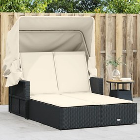 Lettino Prendisole Doppio Baldacchino E Cuscini Nero Polyrattan /