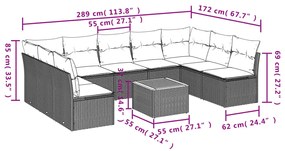 Set divani da giardino 10pz con cuscini in polyrattan nero