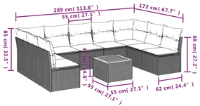 Set divani da giardino 10pz con cuscini in polyrattan nero