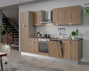 Cucina montata Dora rovere chiaro, lavello a destra, L 300 cm, completa di: cappa a camino, piano cottura a induzione, forno, lavastoviglie, frigorifero