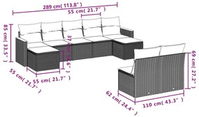 Set divani da giardino 9 pz con cuscini nero in polyrattan