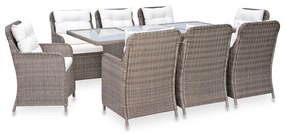 Set da Pranzo da Giardino 9 pz con Cuscini Polyrattan Marrone