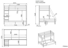 Letto a castello in pino bianco 140x200/90x200 cm Pino Martin - Vipack