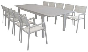 ARGENTUM - set tavolo in alluminio cm 220/280 x 100 x 75 h con 10 poltrone Aulus