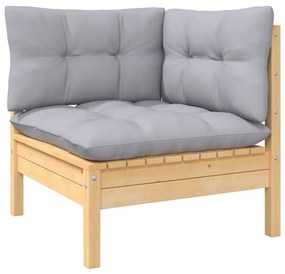 Set divani da giardino 3 pz con cuscini grigi massello di pino