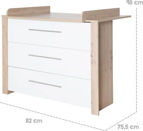 Cassettiera bassa per bambini in rovere con fasciatoio in colore bianco e naturale 112x98 cm - Roba