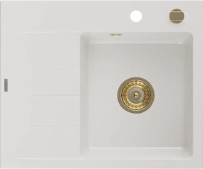 Mexen Ben lavello in granito a una vasca con scolapiatti, destro 600 x 500 mm, bianco, sifone dorato - 6523605000-20-G