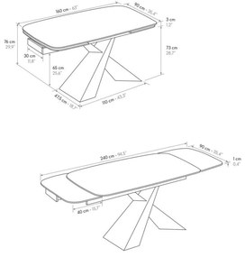 Tavolo FIGARI in vetroceramica bianco arabesco con gambe a X in metallo bronzo, allungabile 160&#215;90 cm &#8211; 240&#215;90 cm