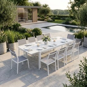 DEXTER - set tavolo in alluminio cm 200/300 x 100 x 74 h con 10 sedie Aulus