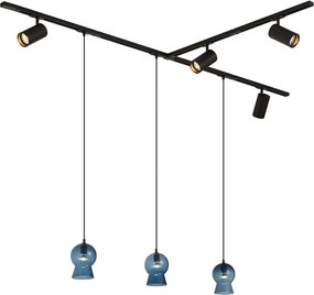 Sistema a binario moderno nero con 4 faretti e 3 lampade a sospensione blu monofase - Iconic Bell Jeana Luxe