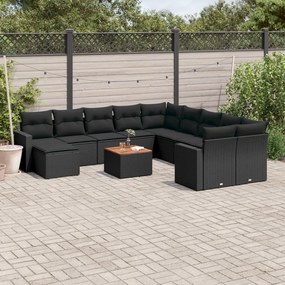 Set divani da giardino 12 pz con cuscini nero in polyrattan