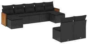 Set divani da giardino 9 pz con cuscini nero in polyrattan