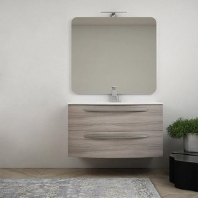 Mobile bagno 100 cm moderno sospeso curvo Larice modello Berlino con specchio filo lucido