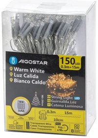 Aigostar -Catena LED natalizia da esterno 150xLED/8 funzioni 3xAA 15,3m IP44 bianco caldo