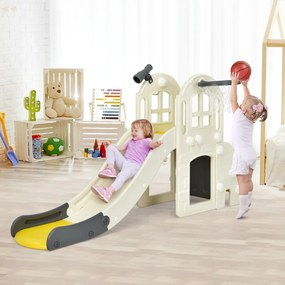 Costway Scivolo grande per bambini 6 in 1 con canestro palla lancio dell'anello e cannocchiale, Set da gioco Giallo