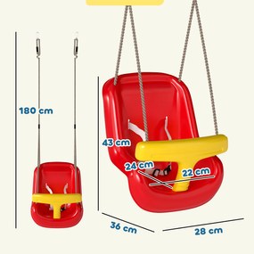 Altalena per Bambini 9-36 Mesi Regolabile 28x36x180 cm con Corde e Moschettoni in PE Rossa e Gialla...