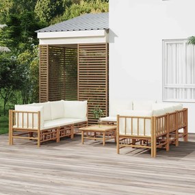 Set Salotto da Giardino 9pz con Cuscini Bianco Crema in Bambù