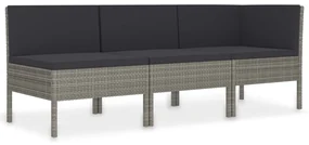 Set divani da giardino 3 pz con cuscini in polyrattan grigio