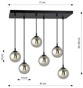 Lampadario a Sospensione in Acciaio e Vetro COSMO 6 Nero 6xE14 Colore delle Sfere Grafite