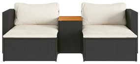 Set divani da giardino 5 pz con cuscini nero polyrattan acacia