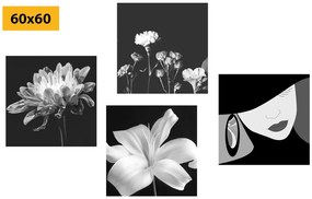 Set di quadri – Eleganza femminile e fiori in bianco e nero