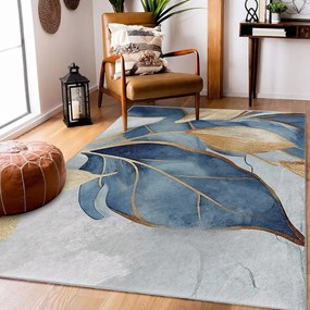 Tappeto blu/dorato lavabile 160x230 cm Golden Leaves – Mila Home