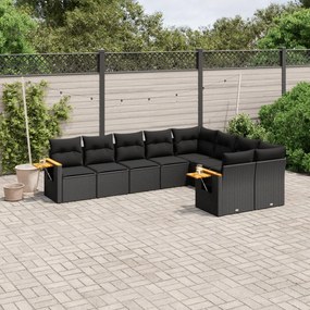 Set divani da giardino 9 pz con cuscini nero in polyrattan