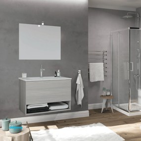 Mobile Bagno Sospeso "Oslo" Da 80 Cm Composto DaUn Cassetto Ed Un Vano a Giorno Lavabo E Specchio Con Lampada Led Finitura Rovere Grigio